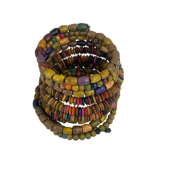 Colorful Wooden Beaded Coil Bracelet with Flower Charms - Picture 7 of 8